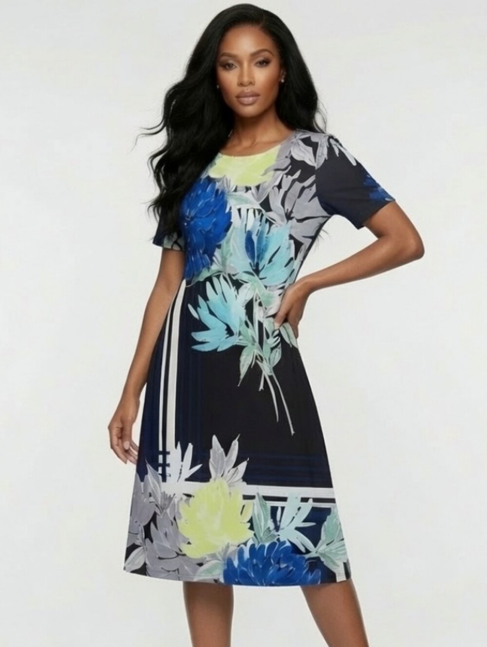 Eliza J Navy Midi Short Sleeve Dress Tropical Floral Print (Sz:6)